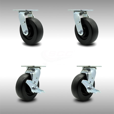 Stainless Steel Polyolefin Swivel Top Plate Caster Set of 4 w/6" x 2" Black Wheels - Includes 2 Swivel with Brakes & 2 Swivel - 2800 lbs Total Capacity - Service Caster Brand